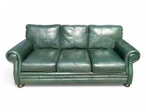 Vintage 1980 Emerald Green Leather Sofa with Rolled Arms & Bun Feet - Picture 1 of 11