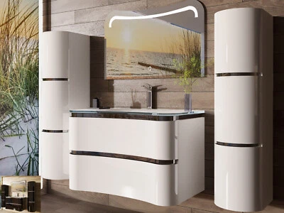 Badmöbel Set Schwarz / Weiss Lackiert Hochglanz Badezimmermöbel 90 cm Badezimmer - Bild 1 von 4