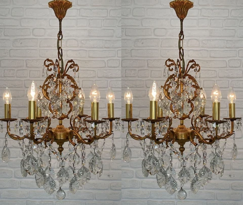 Matching Pair Antique Vintage 6 Arms Brass & Crystals Bohemia Chandelier Lamp Cover