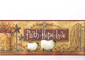 FAITH HOPE LOVE Sign Burgundy Red Star White Sheep Berry Basket Wallpaper Border