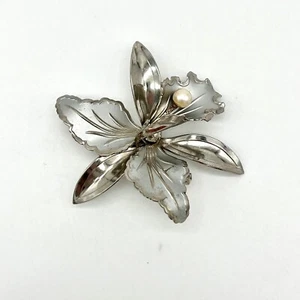 Vintage Orchid Flower Brooch Faux Pearl Silver Tone Floral Pin - Picture 1 of 4