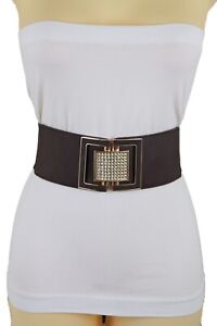 Women Chocolate Brown Elastic Waistband Fashion Belt Gold Square Buckle Size S M