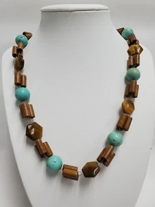 Auge Tiger, Türkis & Holz Halskette 19" 41g - Bild 1 von 20