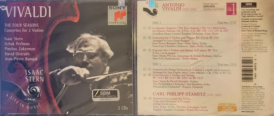 Isaac Stern Vivaldi 4 Seasons 2-CDs SBM PROMO Concertos 2 Violins Itzhak Perlman - Image 1 of 1