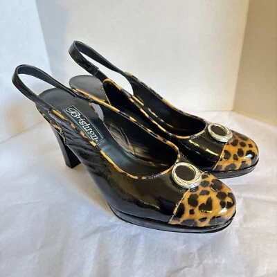 New BRIGHTON "BABS" Leopard Black PatentLeather Slingbacks Heels 7M Italy - Image 1 of 4
