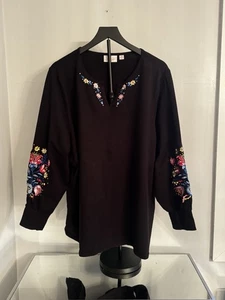 Quacker Factory bestickt Blumen Strass Tunika Top schwarz 3X Cottagecore - Bild 1 von 10