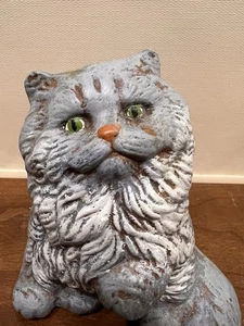 Vtg Antiqued Hand Painted Persian Gray White Paw Up Kitten Cat Green Eyes - Picture 1 of 11