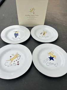 4 POTTERY BARN REINDEER DESSERT PLATES W/BOX~COMET CUPID DONNER BLITZEN~8.5” - Picture 1 of 11