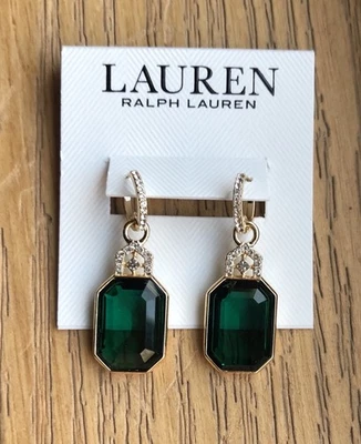 Lauren Ralph Lauren Gold Tone Huggie Hoop Earrings Octagon Green Crystal NWT - Image 1 of 4