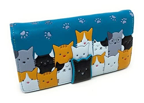 Shag Wear Kitty Cat Crowd  Wallet for Women and Teens Faux Leather Teal 7" - Image 1 of 1