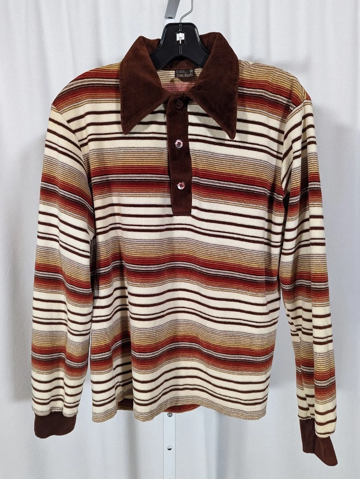 Camisa Polo Patinador Discoteca Vintage Años 70 Mod Terciopelo Marrón Rayas M EE. UU. Foto 1 de 3