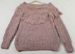 HYFVE Sweater Womens Small Pink Off the Shoulder Boucle Fringe Western Boho Soft - Picture 1 of 12
