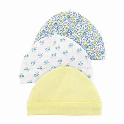 Carters Baby Girl 3 PK Caps Floral Prints Yellow W White Polka Dots 0-3 Mo NEW - Image 1 of 4