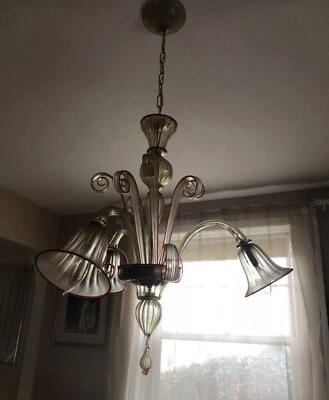 Lámpara de araña veneciana de cristal soplado a mano Flex roja y dorada rara 1980 - 3 brazos Foto 1 de 4