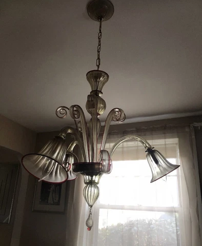 Rare Red and Gold Flex Murano Venetian hand blown glass chandelier 1980 - 3 arm Cover