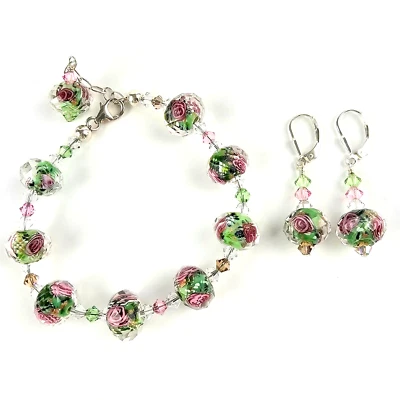925 Solid Silver Pink Roses On Green Venetian Style Bracelet, Earrings Set - Image 1 of 4