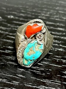 Awesome VINTAGE r neito Diamond Coral 925 Mens ring Navajo Turqoius Jewelry Sz13 - Picture 1 of 24