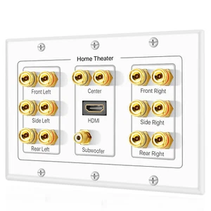 7.1 Home Theater Speaker Wall Plate + 1 RCA LFE Jacks + 1 HDMI Connectors White - Picture 1 of 5