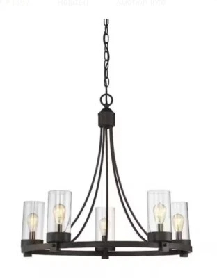 Lámpara de araña Meridian moderna de 5 luces, pantallas de vidrio transparente negro - Foto 1 de 4