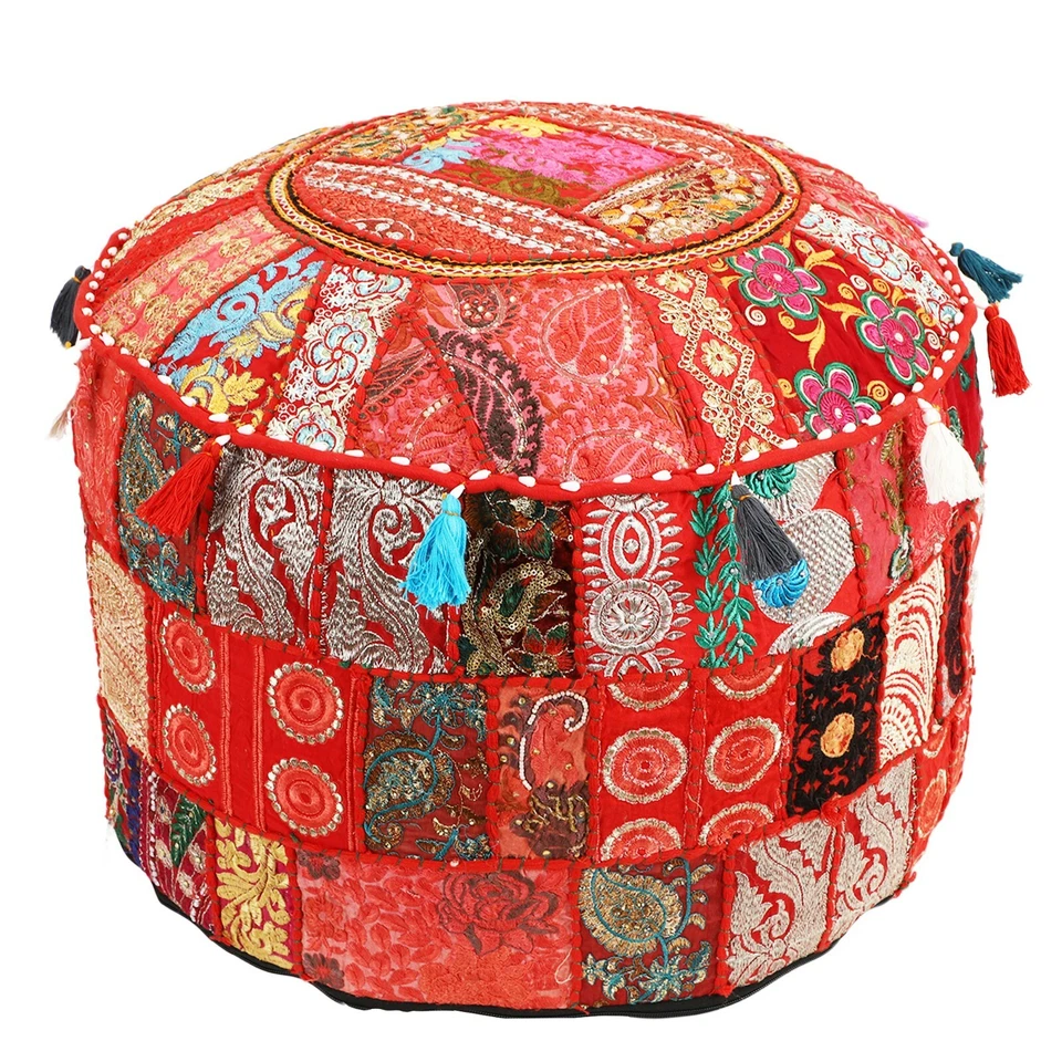22'' Indian Patchwork Round  Pouf Cover Vintage Footstool Pouf Cover USA SELLER - Image 1 of 1