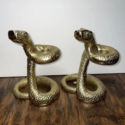 Gold Tone Brass Pair Of Metal Rattle Snake Figure Taper Candleholder - Image 1 of 4