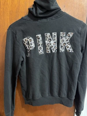 Victoria's Secret ROSA Perro Logo Leopardo Lentejuelas Bling Negro Cremallera Completa Sudadera con Capucha Xs Foto 1 de 4