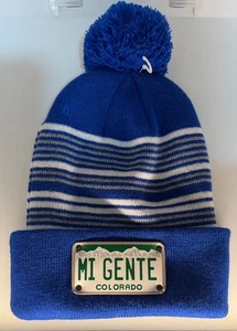 Mi Gente Colorado Plate Patch Beanie Stripe Blue White Grey - Picture 1 of 2