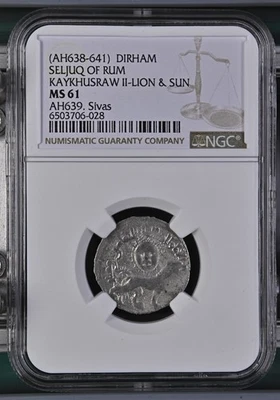 (AH638-641) SELJUQ OF RON KAYKHUSRAW II-LION & SUN DIRHAM MS 61 AH639. Sivas NGC Foto 1 de 2