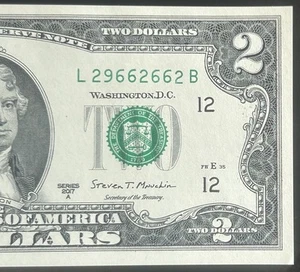 (NEAR BINARY!) $2 UNC Trinary Fancy Serial Number L29662662B Series 2017A - Picture 1 of 3
