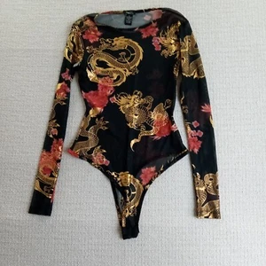 Rue 21 Bodysuit Womens Small Sheer Golden Dragons Dark Floral Roses - Picture 1 of 14