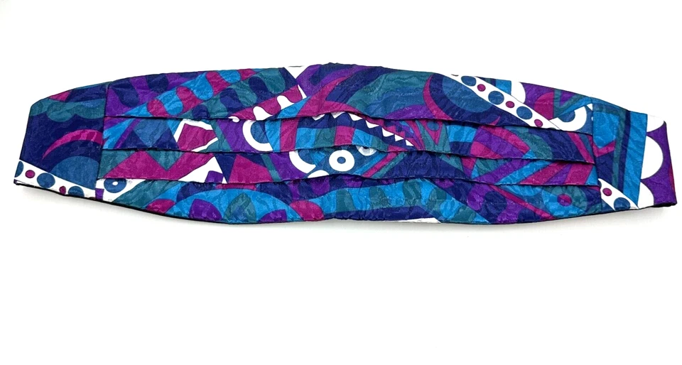 Vintage 80s 90s Satin Cummerbund One Size Purple Blue Geometric Bright Colors - Image 1 of 4