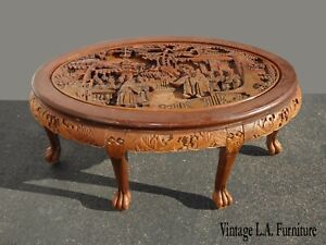 Vintage Oriental Asian Highly Carved Rustic Oval Coffee Table w Men in Village