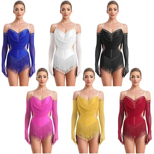 Women Tassel Dance Dress Glittery Cutout Leotard Bodysuit Cha-Cha Performance - Picture 1 of 78