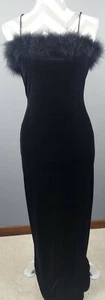 Vintage ROBERTA Long Velvet Feather Trim Evening Dress Women's Medium Black NEW - Picture 1 of 7
