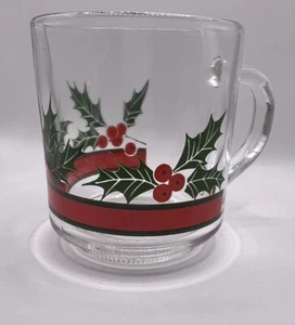 Vintage Libbey Christmas Holly Berry & Ribbon Thick Glass Handled Coffee Mug EUC - Picture 1 of 4