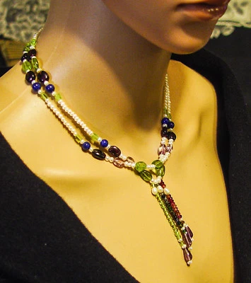Hand Strung Freshwater pearl Necklace 16.25" Peridot Amethyst Garnet Lapis  NEW! - Image 1 of 4