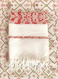 Antico asciugamano in misto lino bianco con ricamo 106 x 40 cm Vintage - Imagen 1 de 9