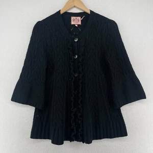 JUICY COUTURE Sweater L Cardigan Merino Wool Cashmere Ruffle 3/4 Sleeve Black - Picture 1 of 13