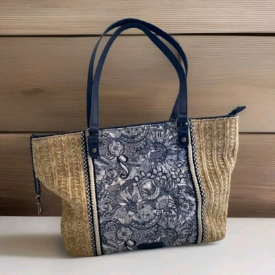 SAKROOTS Azul Floral Paja Bolso de Mano Forrado Monedero Bolsillos Llavero Foto 1 de 4