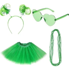 Green Tutu Costume Set Pom Pom Headband Layered Tulle Heart Sunglasses Necklace - Picture 1 of 3