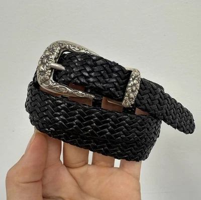 Vintage 90s Talbots Black Braided Leather Belt Silver Hardware Floral Engraved S - Image 1 of 4
