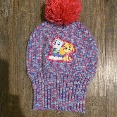 Paw Patrol Knit Cap Hat w/ Pom Pom - Pink & Purple Skye Everest Puppies 2t-5t - Image 1 of 4