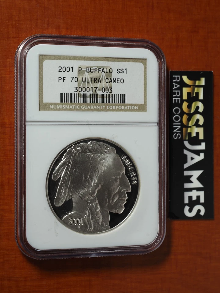 2001 P PROOF SILVER BUFFALO COMMEMORATIVE DOLLAR NGC PF70 ULTRA CAMEO BROWN LABL - Image 1 of 2