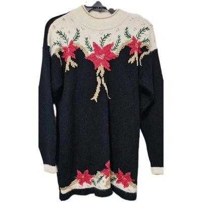 Suéter Vintage Navidad Negro Rojo Dorado Flores Dana Scott Talla L Foto 1 de 4