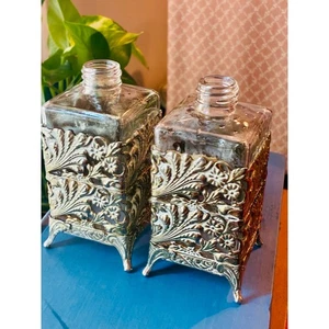 Pair Vintage Glass Bottles w/ Ornate Silver Filigree Stands – Perfume/Ink - Picture 1 of 3