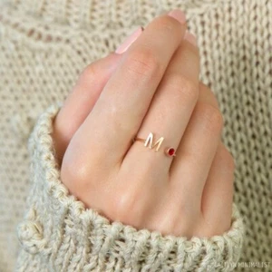 Simulated Ruby With Customized Initial Letter Open Ring In Pure 10K Yellow Gold - Picture 1 of 4