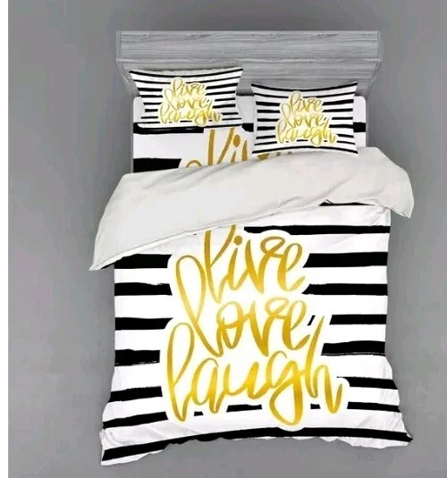 Live Laugh Love Duvet Set  3Pcs, Stripes Text, Queen, Yellow White & Black (BB) - Image 1 of 1