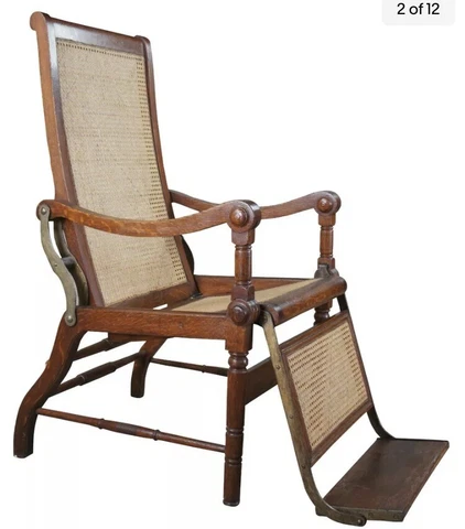 Antique British Colonial 1830s Caned Oak Reclining Mechanical Dental Arm Chair Cover