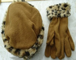 Pro Climate Ladies Fleece & Fake Fur Hat & Gloves Set Brown Leopard colours - Picture 1 of 7