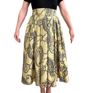 Vintage Mondi Paisley Lemon Chiffon Yellow Yoke Waist Full Midi Skirt 42 EU Sz M - Picture 1 of 12